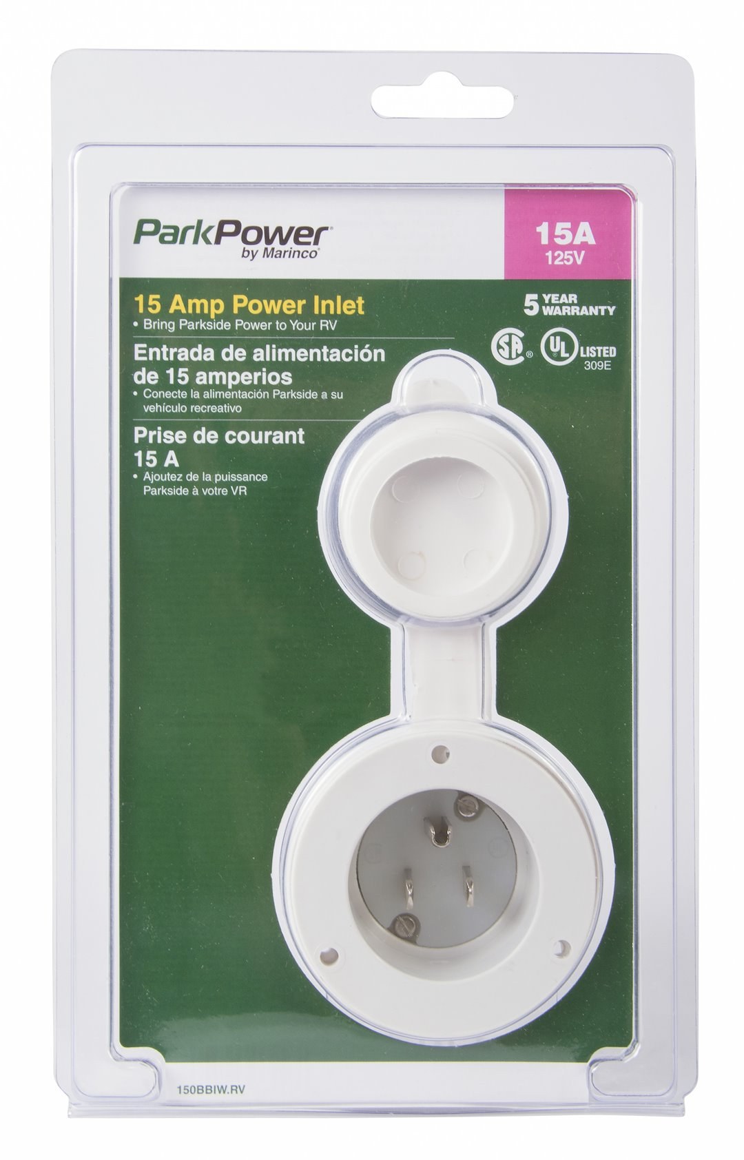 Marinco Receptacle, Outdoor/ Indoor Use, 125 Volt AC/ 15 Amp Power, Non Ground Fault Interrupter, Single Receptacle, White – 150BBIW