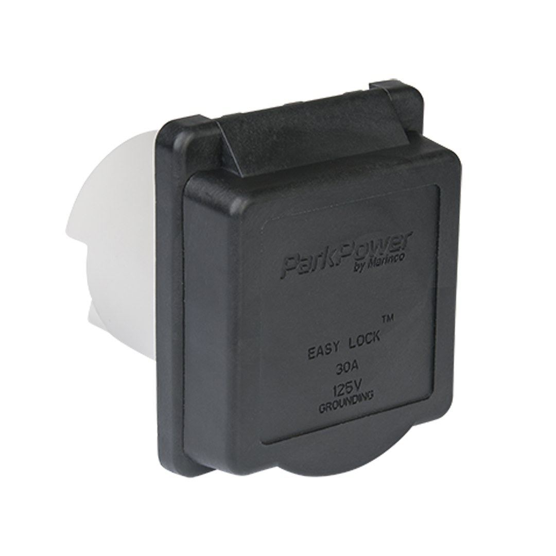 Marinco Receptacle, Outdoor/ Indoor Use, 125 Volt/ 30 Amp Power, Single Receptacle, Black, Polyester, Ul/Csa Approved, With Dust Cover – 30ARVIB
