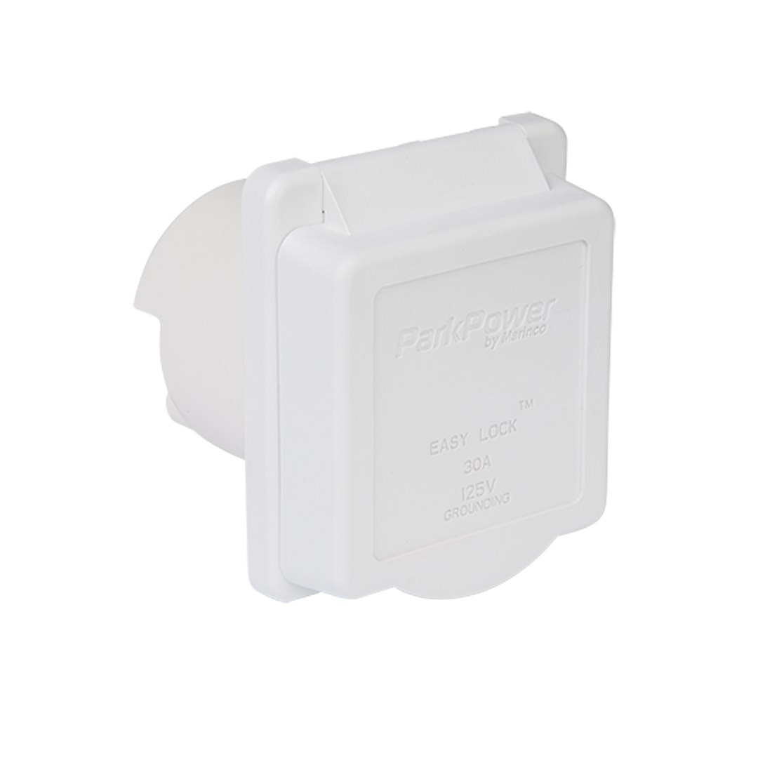 Marinco Receptacle, Outdoor/ Indoor Use, 125 Volt/ 30 Amp Power, Single Receptacle, White, Polyester, Ul/Csa Approved, With Dust Cover – 30ARVIW