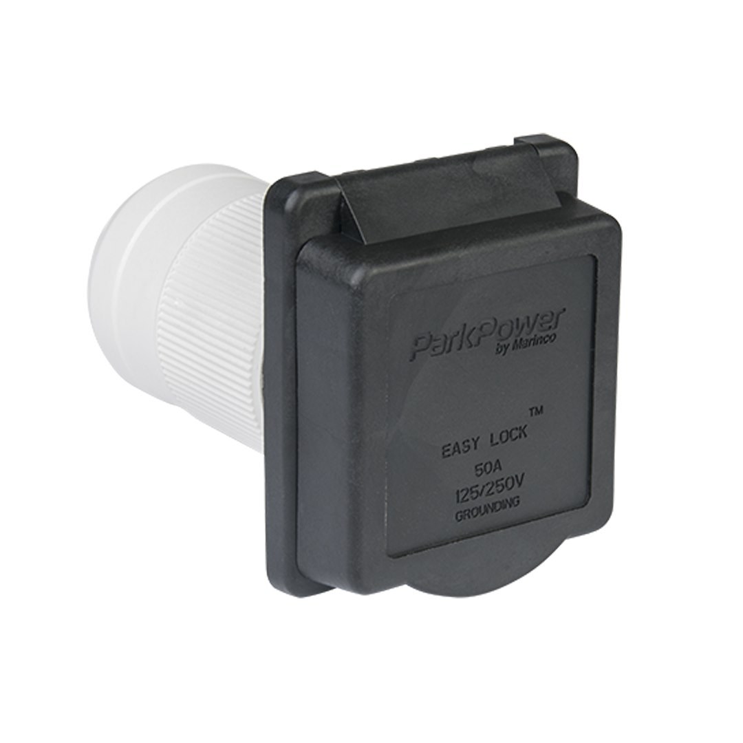 Marinco Receptacle, Outdoor/ Indoor Use, 125/ 250 Volt, 50 Amp, Single Receptacle, Black, Polyester, Ul/Csa Approved, With Dust Cover – 50ARVIB