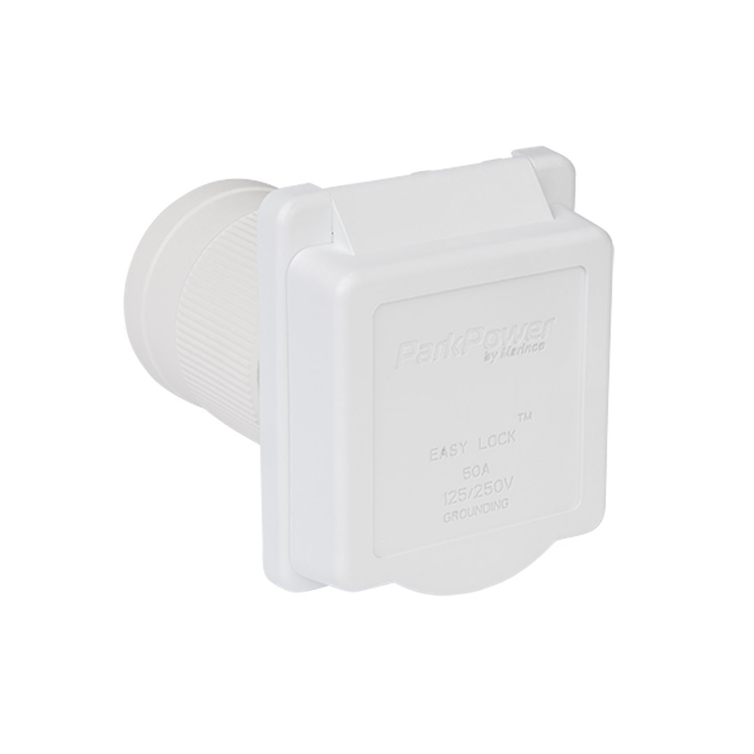 Marinco Receptacle, Outdoor/ Indoor Use, 125/ 250 Volt, 50 Amp, Single Receptacle, White, Polyester, Ul/Csa Approved, With Dust Cover – 50ARVIW