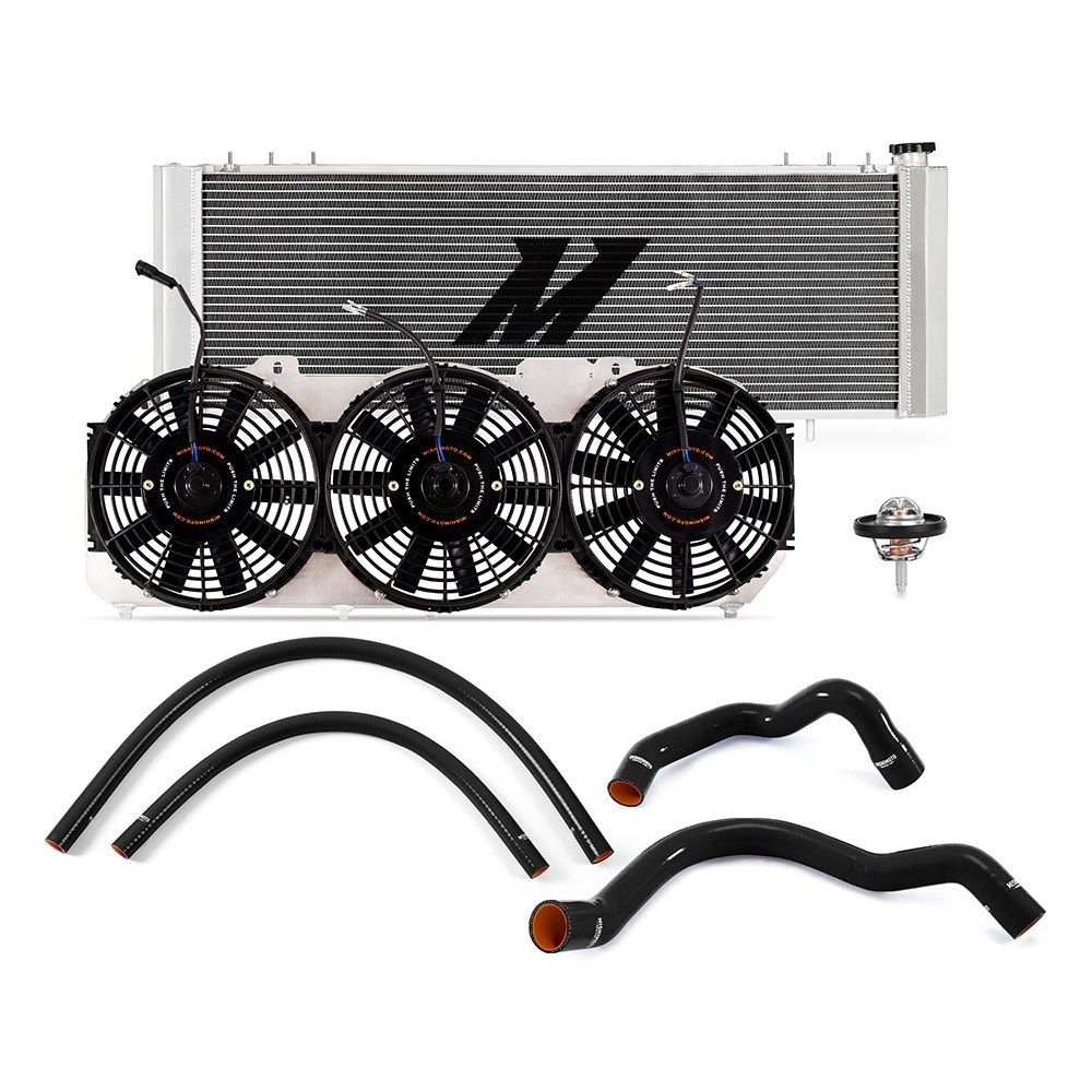 Mishimoto Radiator, With Aluminum Radiator/ Silicone Radiator Hose Kit/ Performance Aluminum Fan Shroud Kit/ Racing Thermostat – MMB-XJ-001