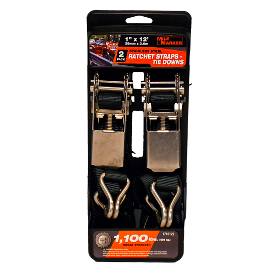 Milemarker Tie Down Strap, Cargo Tie Down, 12 Foot Length X 1 Inch Width, With Ratchet, 1100 Pound Break Strength, J Hook on Both Ends – 1710122