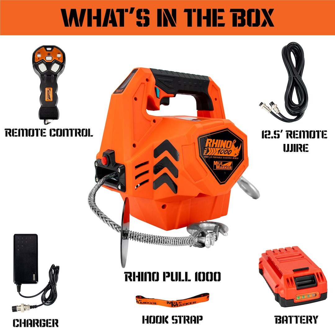 Milemarker Winch, Rhino Pull 1000™, Portable, Vertical Lift Winch, 12 Volt DC, 1000 Pound Line Pull Capacity, 39 Foot Synthetic Rope – 71-1000