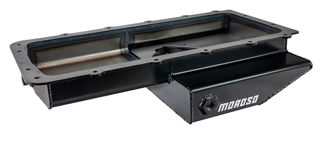 Moroso Oil Pan, For Use with Ford 5.0L Coyote/ 5.2L Voodoo Engines, 7.5 Quarts, Rear T-Sump, With Baffle, Black, Steel – 20568