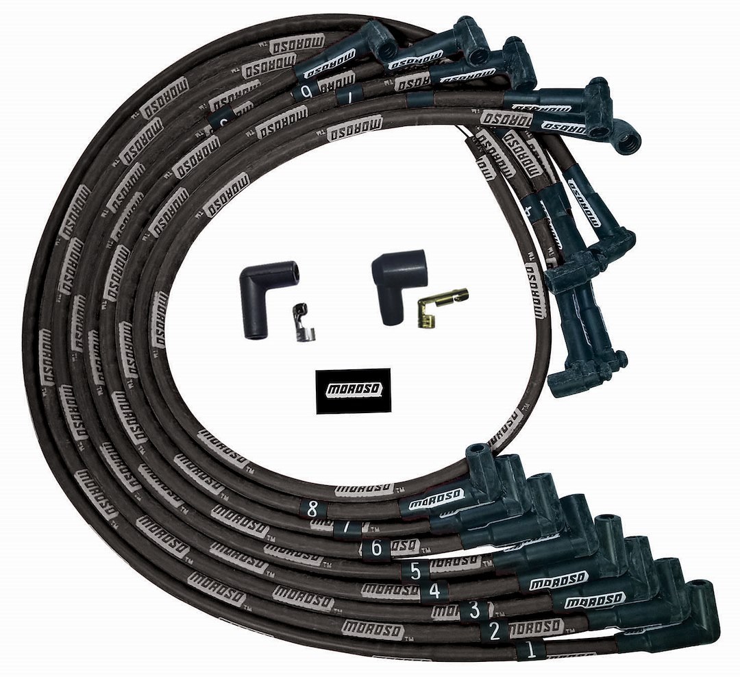 Moroso Spark Plug Wire Set, Ultra, For Use with Small Block Chevy/ Under the Valve Covers, Sleeved, 90 Degree Spark Plug Boot – 51528