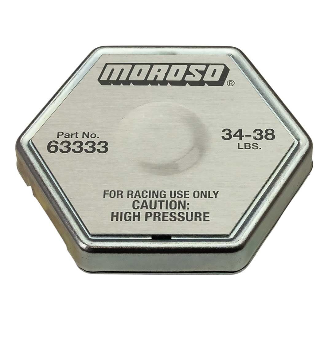 Moroso Radiator Cap, 34 to 38 PSI Maximum Pressure, Hexagon, Without Safety Release Lever, Steel, Moroso Logo – 63333