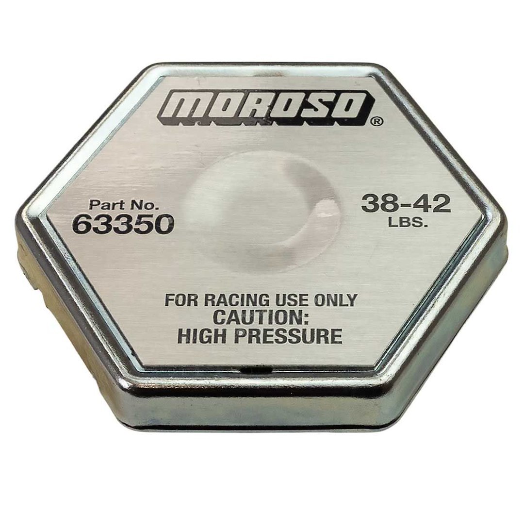 Moroso Radiator Cap, 38 to 42 PSI Maximum Pressure, Hexagon, Without Safety Release Lever, Steel, Moroso Logo – 63350
