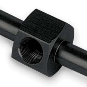Moroso Fuel Pressure Gauge Fitting, 3/8 Inch Hose Barb to 3/8 Inch Hose Barb, Straight, 1/8 Inch NPT Side Port, Anodized, Aluminum, Single – 65360