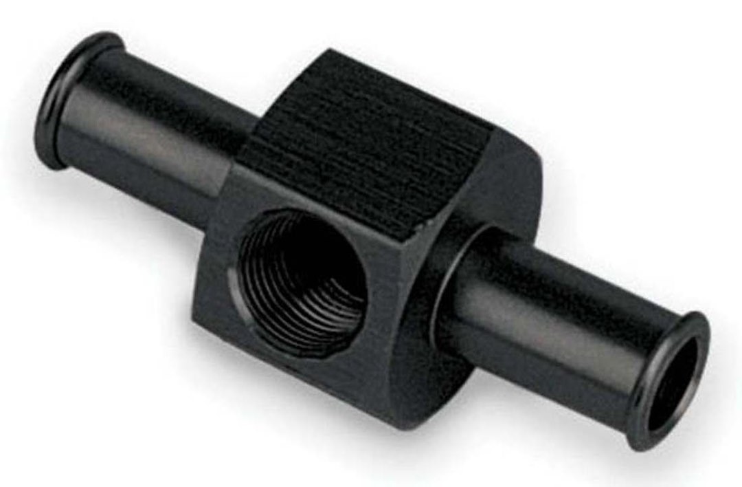 Moroso Fuel Pressure Gauge Fitting, 3/8 Inch Hose Barb to 3/8 Inch Hose Barb, Straight, 1/8 Inch NPT Side Port, Anodized, Aluminum, Single – 65360
