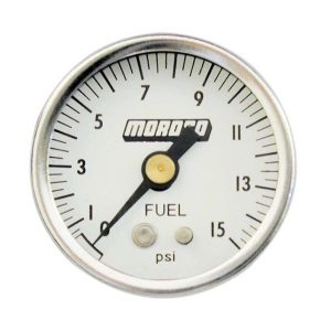 Moroso Gauge Fuel Pressure, 1-1/2 Inch Diameter, 0-15 PSI, Analog, Stainless Steel, 1/8 Inch NPT Thread Male Fitting – 65370