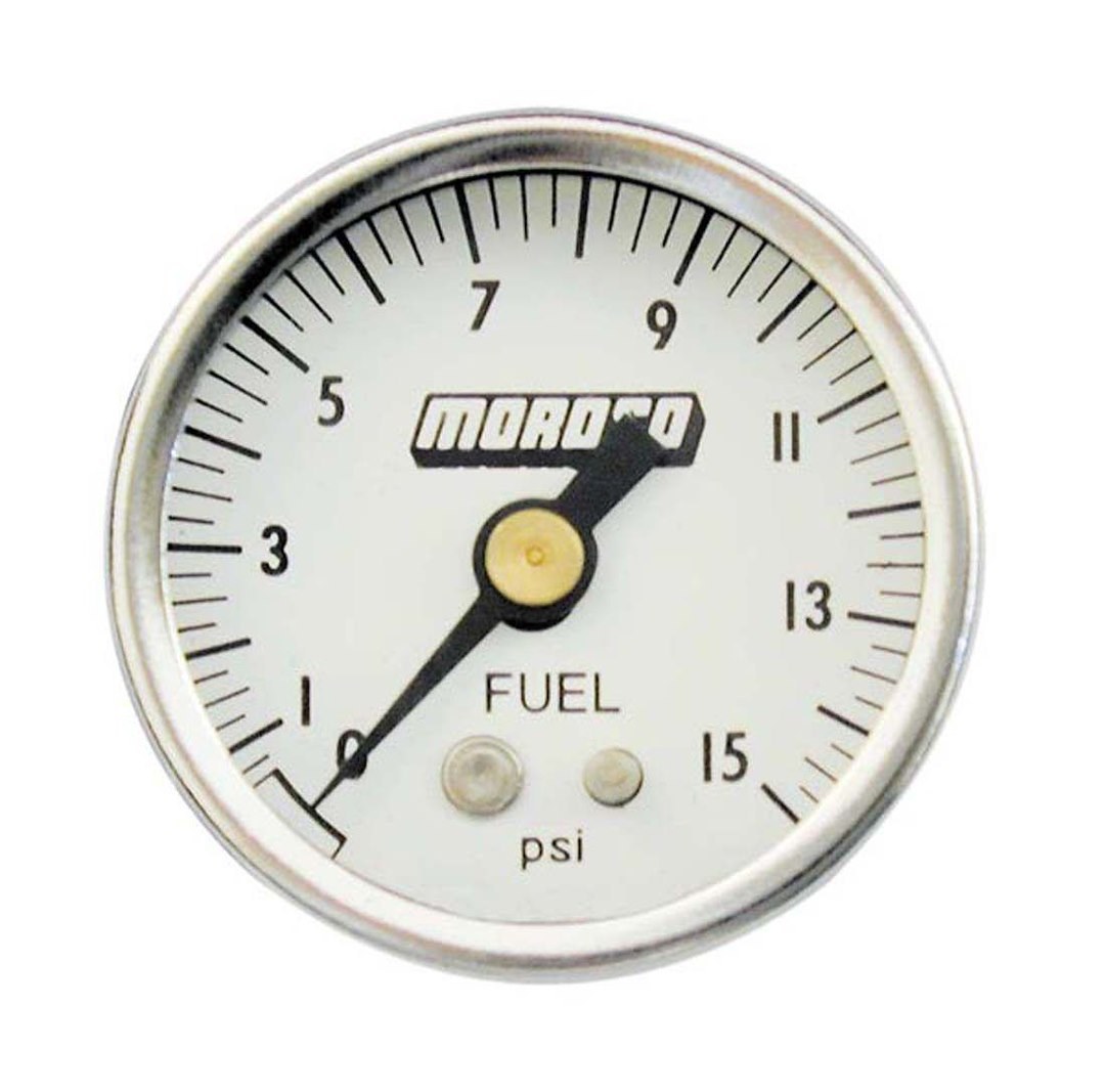 Moroso Gauge Fuel Pressure, 1-1/2 Inch Diameter, 0-15 PSI, Analog, Stainless Steel, 1/8 Inch NPT Thread Male Fitting – 65370