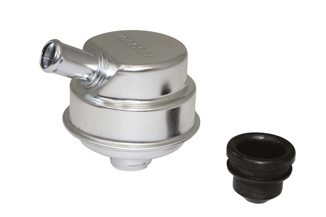 Moroso Crankcase Breather Cap, Circle, Push-IN Style, Gold Iridite, With Grommet – 68780