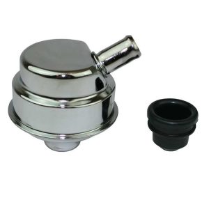 Moroso Crankcase Breather Cap, Circle, Push-IN Style, Chrome, With Grommet – 68781