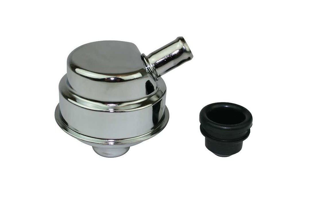 Moroso Crankcase Breather Cap, Circle, Push-IN Style, Chrome, With Grommet – 68781