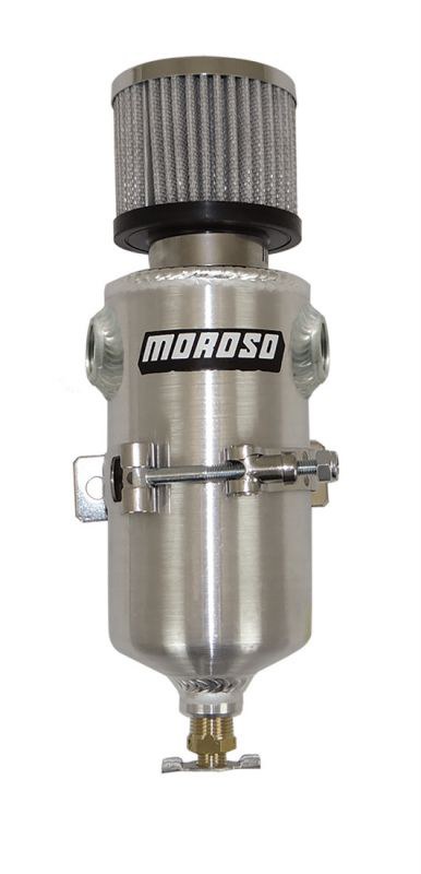 Moroso Catch Can, For Storing Excess Oil, 6-1/2 Inch Tank Height X 3-1/8 Inch Diameter, 11-1/2 Inch Overall Height, Dual 1/2 Inch NPT Fitting – 85455