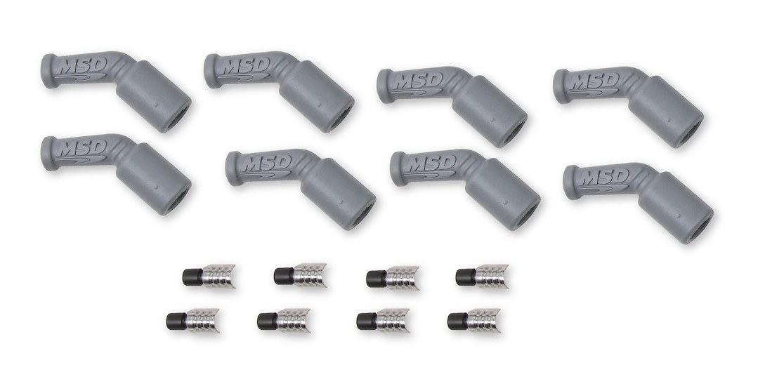 MSD Ignition Spark Plug Boot, LS1 45 Degree, Fits 8-1/2 Millimeter Wires, With Terminals, Silicone, Set of 8 – 33048