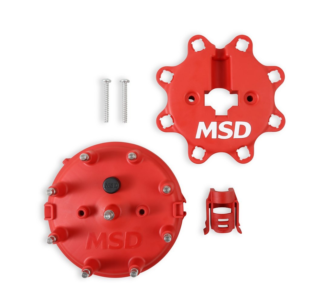 MSD Ignition Distributor Cap, For Use with Msd Distributors That Use a Ford Style Cap, With Wire Retainer, Clip Down, Hei Style Posts, Red – 8408