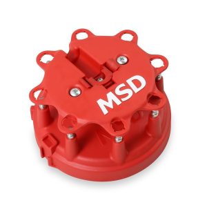 MSD Ignition Distributor Cap, For Use with Msd Distributors That Use a Ford Style Cap, With Wire Retainer, Clip Down, Hei Style Posts, Red – 8408