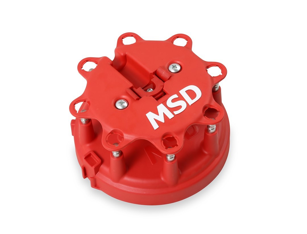 MSD Ignition Distributor Cap, For Use with Msd Distributors That Use a Ford Style Cap, With Wire Retainer, Clip Down, Hei Style Posts, Red – 8408