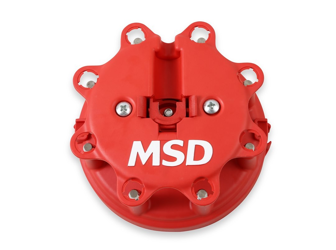 MSD Ignition Distributor Cap, For Use with Msd Distributors That Use a Ford Style Cap, With Wire Retainer, Clip Down, Hei Style Posts, Red – 8408
