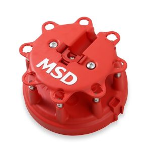 MSD Ignition Distributor Cap, For Use with Msd Distributors That Use a Ford Style Cap, With Wire Retainer, Clip Down, Hei Style Posts, Red – 8408