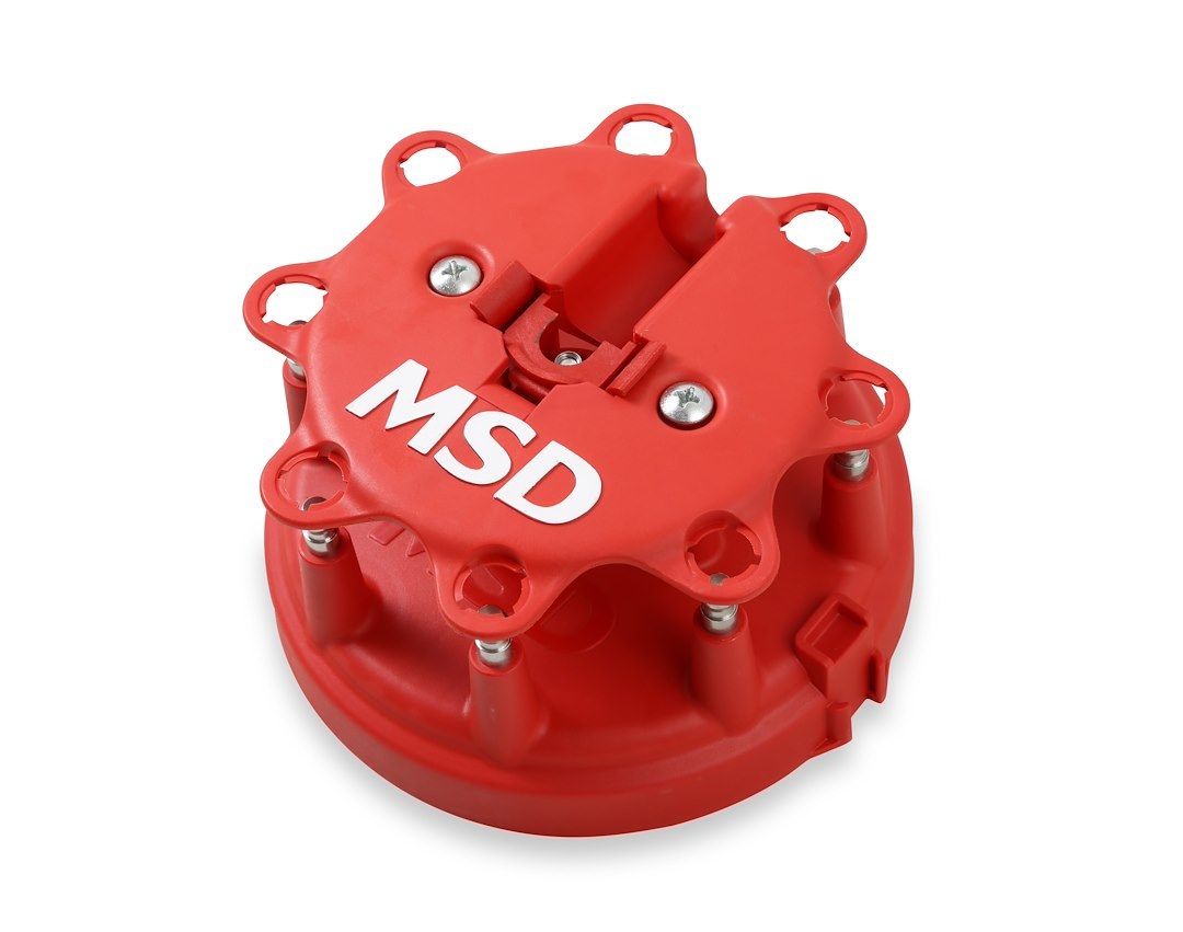 MSD Ignition Distributor Cap, For Use with Msd Distributors That Use a Ford Style Cap, With Wire Retainer, Clip Down, Hei Style Posts, Red – 8408