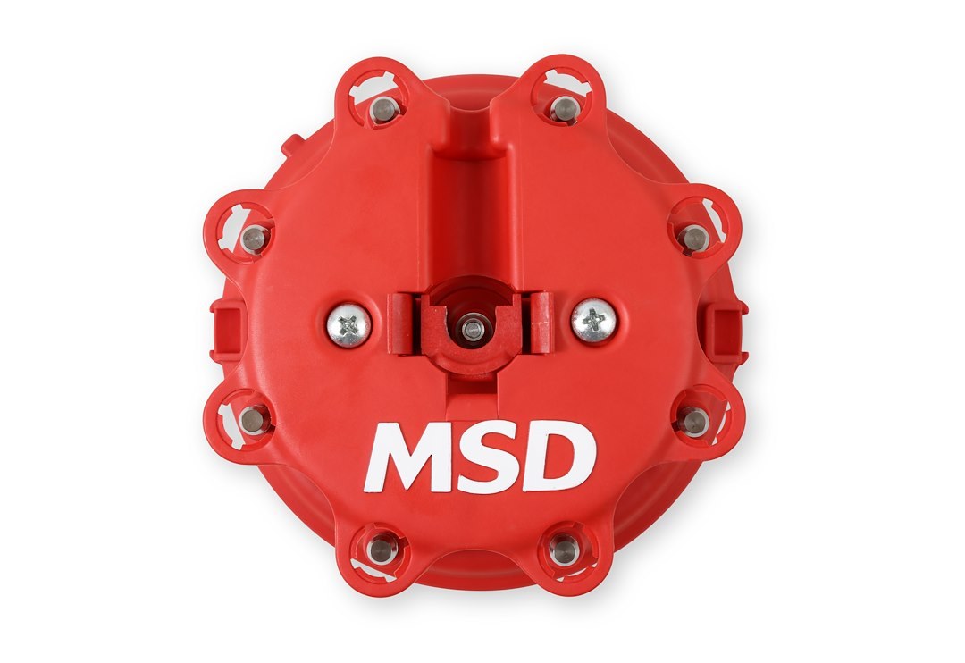 MSD Ignition Distributor Cap, For Use with Msd Distributors That Use a Ford Style Cap, With Wire Retainer, Clip Down, Hei Style Posts, Red – 8408