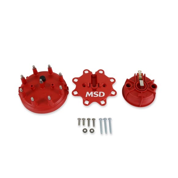 MSD Ignition Distributor Cap and Rotor Kit, Large Ford Style, With Wire Retainer, Clip Down, Hei Style Posts, Red – 84085