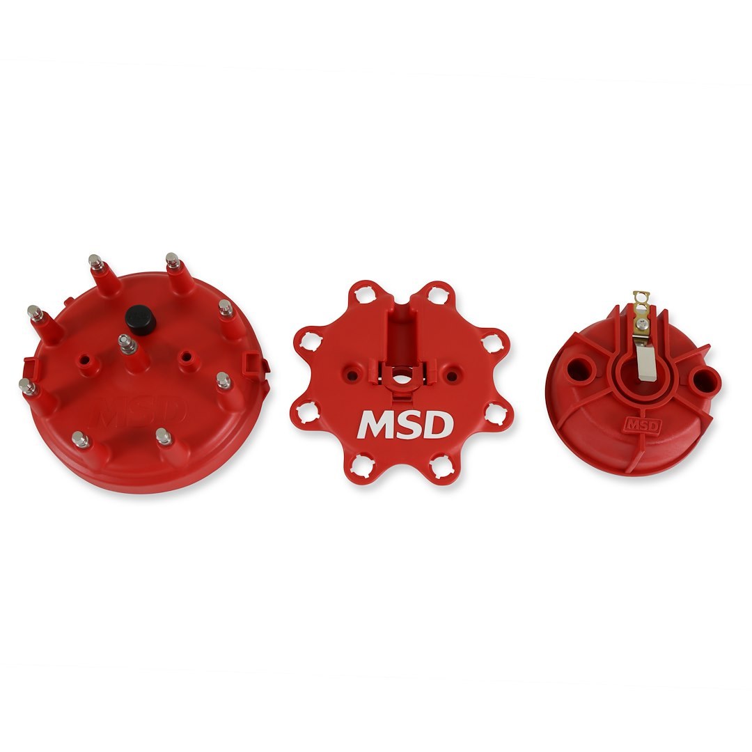 MSD Ignition Distributor Cap and Rotor Kit, Large Ford Style, With Wire Retainer, Clip Down, Hei Style Posts, Red – 84085