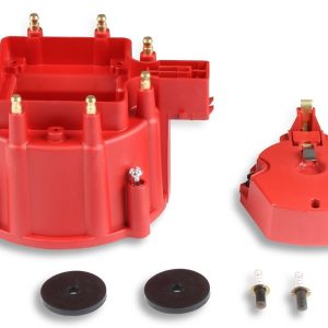 MSD Ignition Distributor Cap and Rotor Kit, For Use with GM V8 Hei with Internal Coil, Bolt Down, Hei Style Posts, Red – 8416