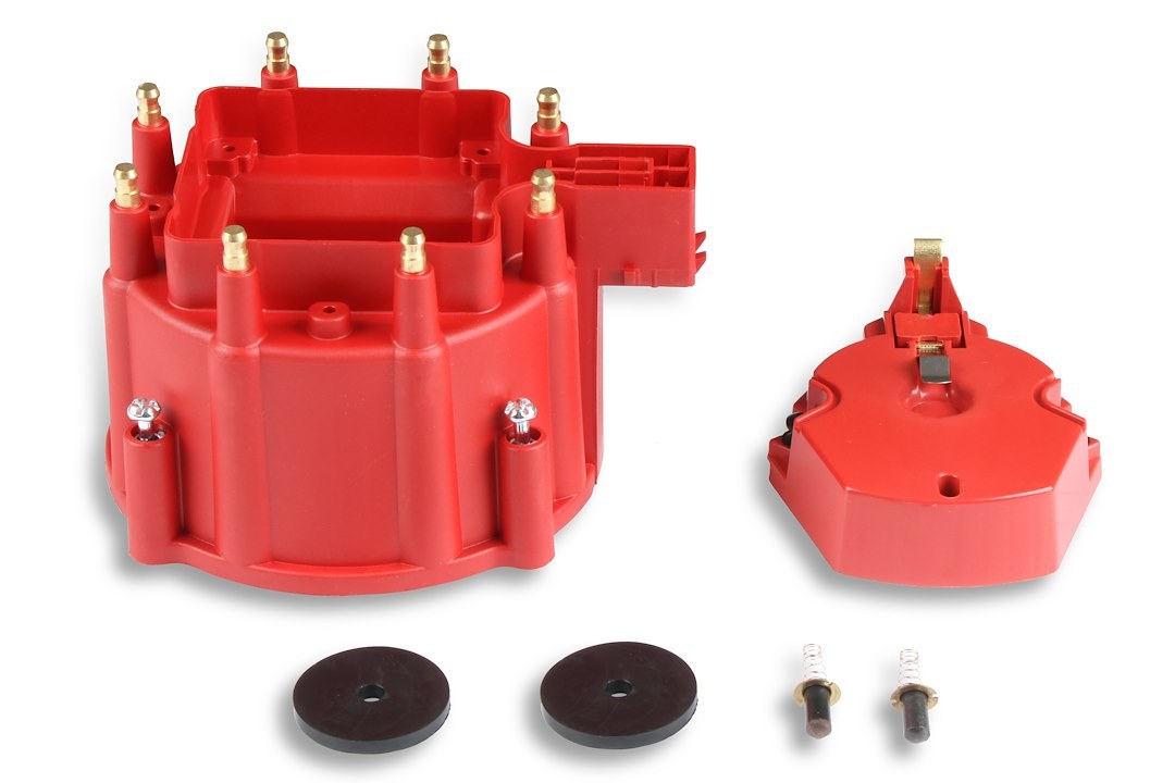 MSD Ignition Distributor Cap and Rotor Kit, For Use with GM V8 Hei with Internal Coil, Bolt Down, Hei Style Posts, Red – 8416