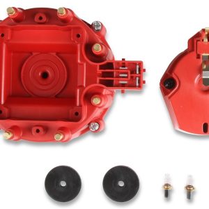 MSD Ignition Distributor Cap and Rotor Kit, For Use with GM V8 Hei with Internal Coil, Bolt Down, Hei Style Posts, Red – 8416