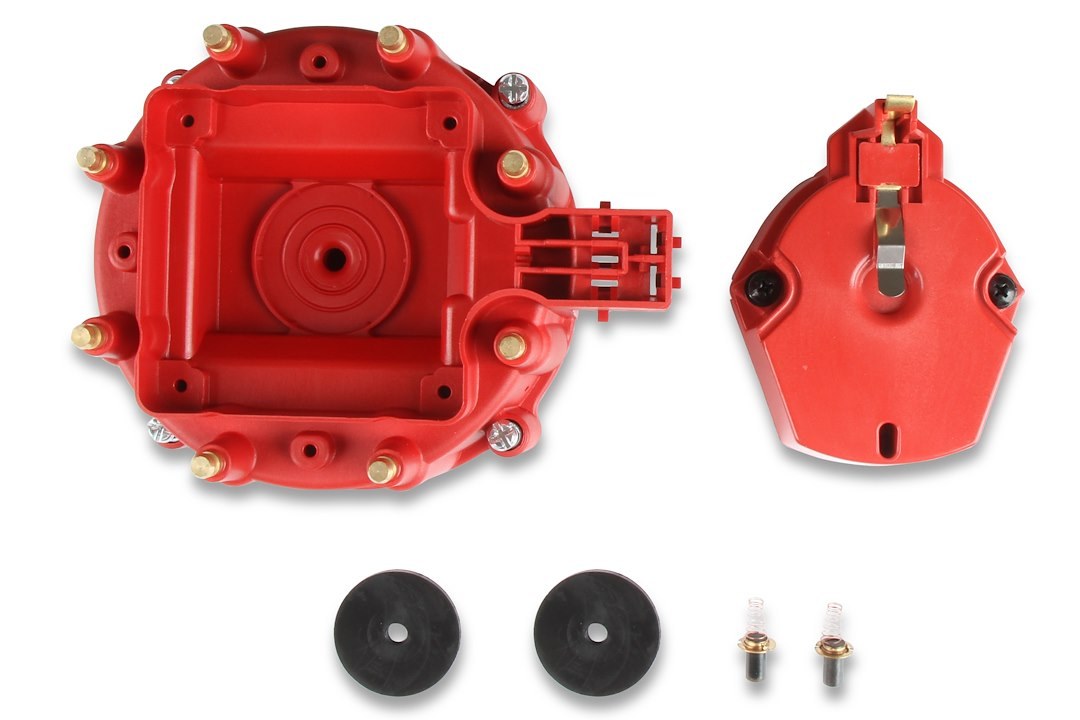 MSD Ignition Distributor Cap and Rotor Kit, For Use with GM V8 Hei with Internal Coil, Bolt Down, Hei Style Posts, Red – 8416