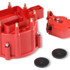 MSD Ignition Distributor Cap and Rotor Kit, For Use with GM V8 Hei with Internal Coil, Bolt Down, Hei Style Posts, Red – 8416