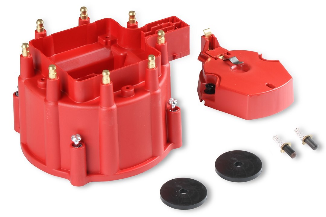 MSD Ignition Distributor Cap and Rotor Kit, For Use with GM V8 Hei with Internal Coil, Bolt Down, Hei Style Posts, Red – 8416