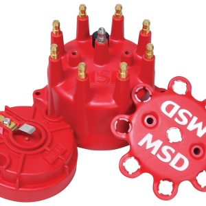MSD Ignition Distributor Cap and Rotor Kit, Small Diameter, With Wire Retainer, Clip Down, Hei Style Posts, Red – 84315