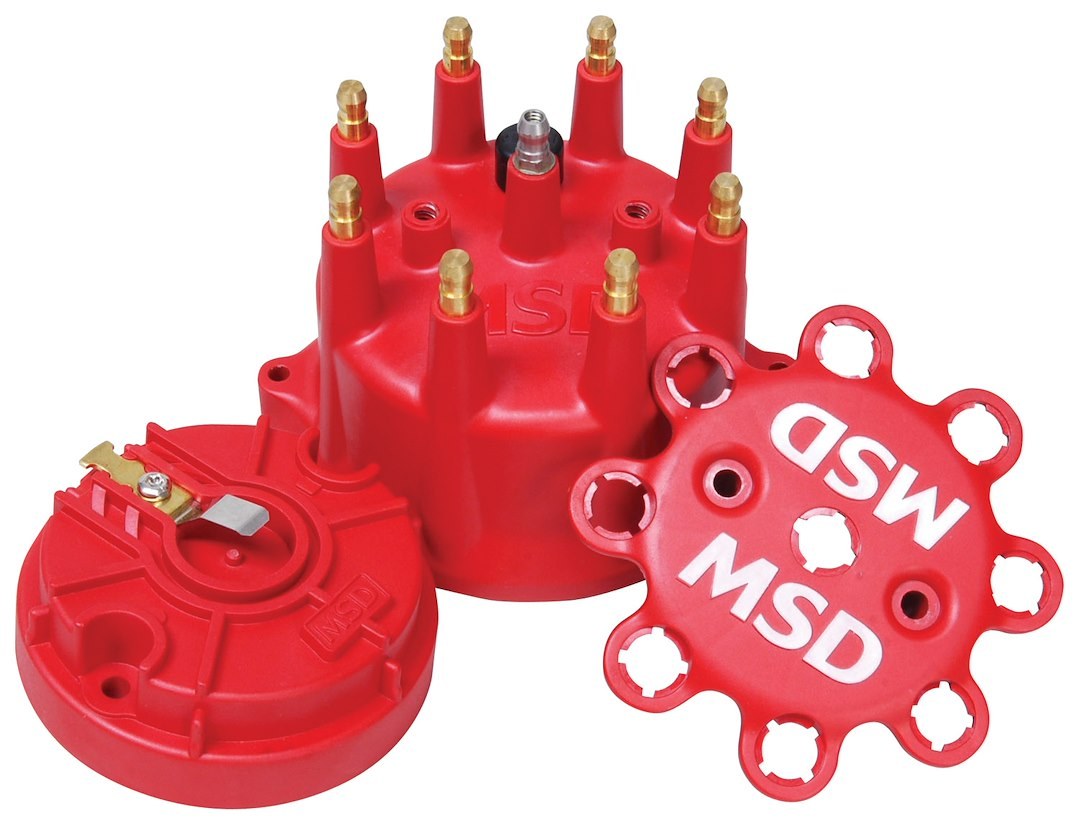 MSD Ignition Distributor Cap and Rotor Kit, Small Diameter, With Wire Retainer, Clip Down, Hei Style Posts, Red – 84315