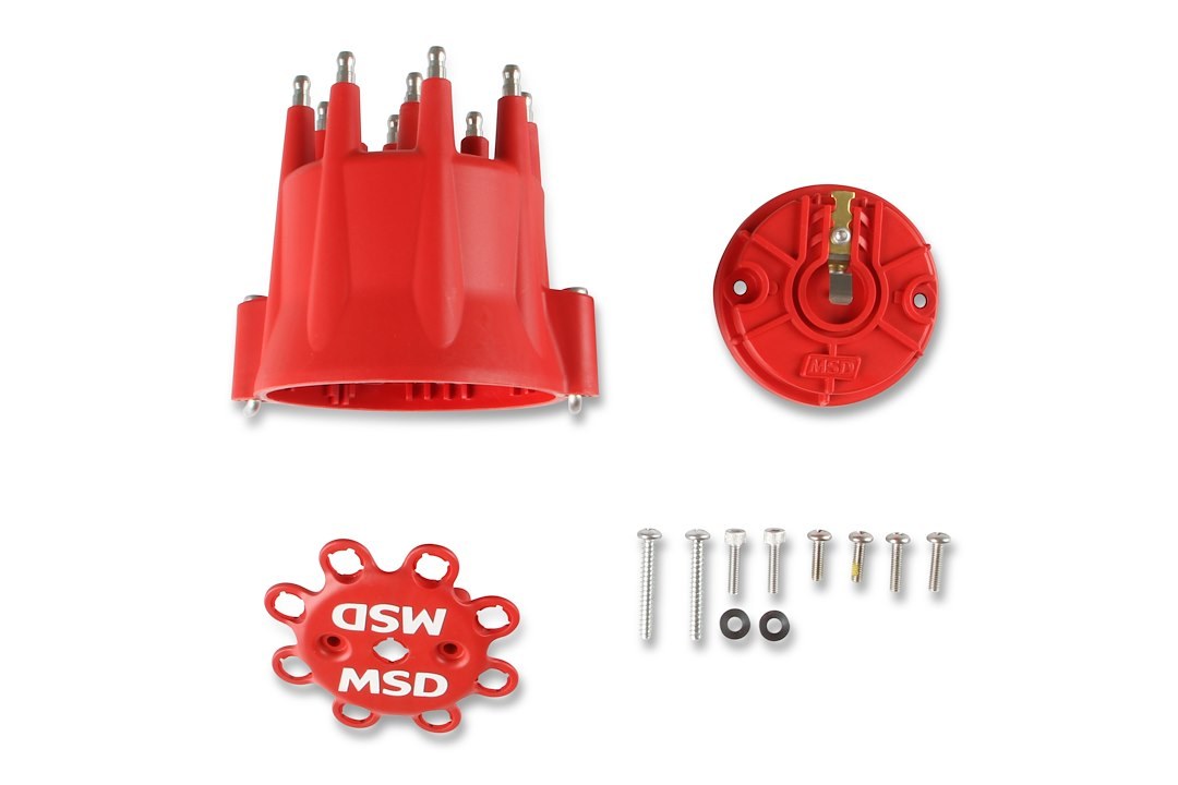 MSD Ignition Distributor Cap and Rotor Kit, For Use with Msd Pro-Billet Distributors, With Wire Retainer, Bolt Down, Hei Style Posts, Red – 84335