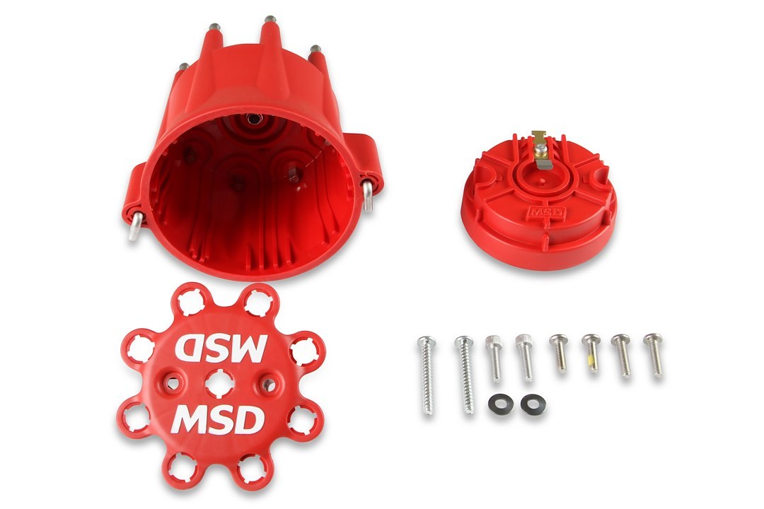 MSD Ignition Distributor Cap and Rotor Kit, For Use with Msd Pro-Billet Distributors, With Wire Retainer, Bolt Down, Hei Style Posts, Red – 84335