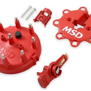 MSD Ignition Distributor Cap and Rotor Kit, For Use with Ford V8 Tfi Distributors, With Wire Retainer, Clip Down, Hei Style Posts, Red – 8482