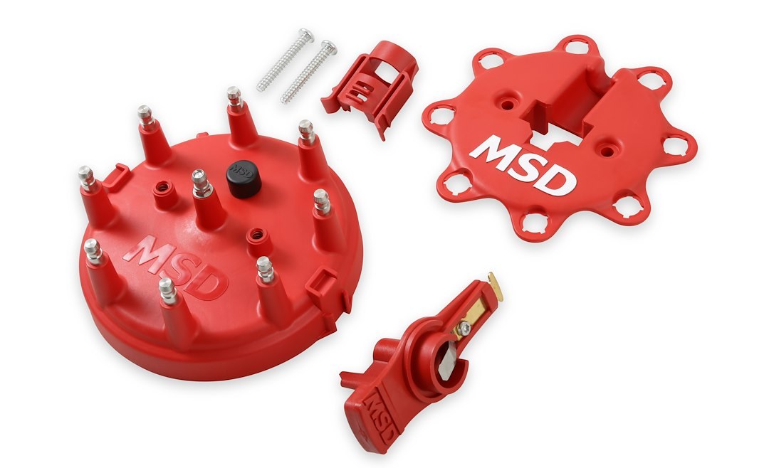 MSD Ignition Distributor Cap and Rotor Kit, For Use with Ford V8 Tfi Distributors, With Wire Retainer, Clip Down, Hei Style Posts, Red – 8482
