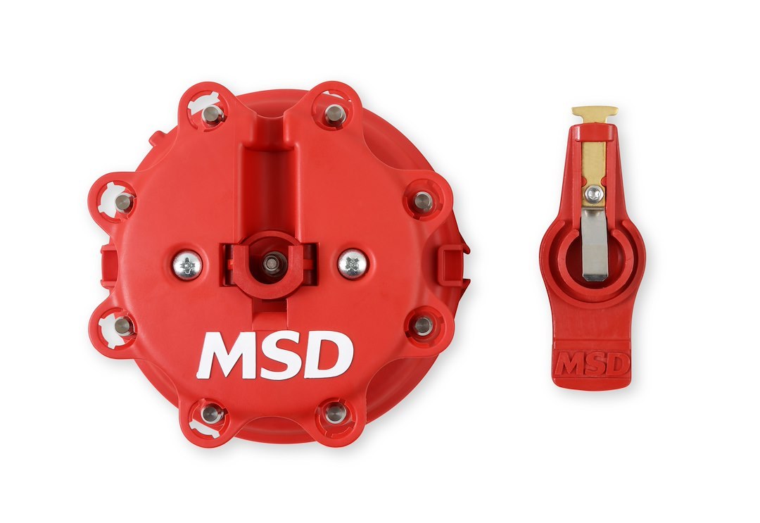 MSD Ignition Distributor Cap and Rotor Kit, For Use with Ford V8 Tfi Distributors, With Wire Retainer, Clip Down, Hei Style Posts, Red – 8482