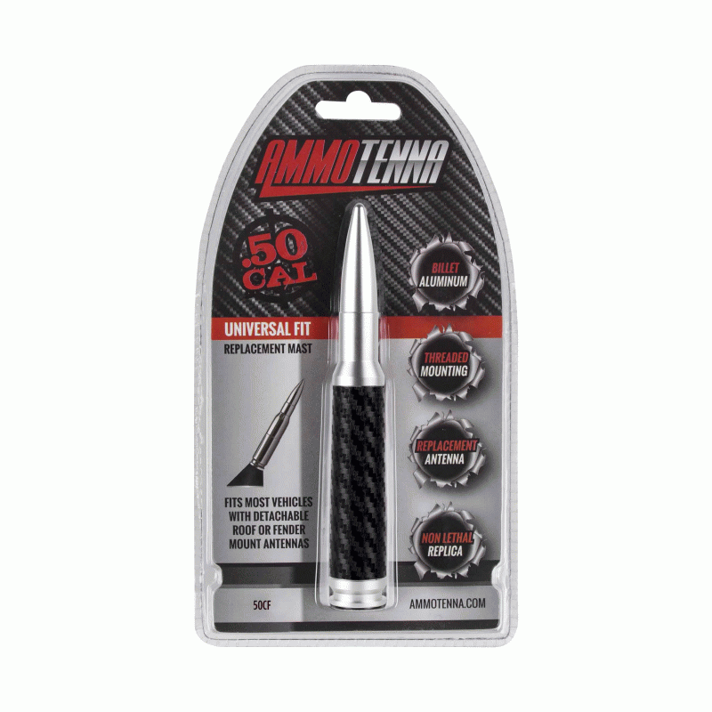 Metra Antenna Mast, Ammotenna, 5-1/2 Inch Length, 0.50 Caliber Replica Design, Billet with Black Carbon Fiber Wrap, Aluminum – 50CF