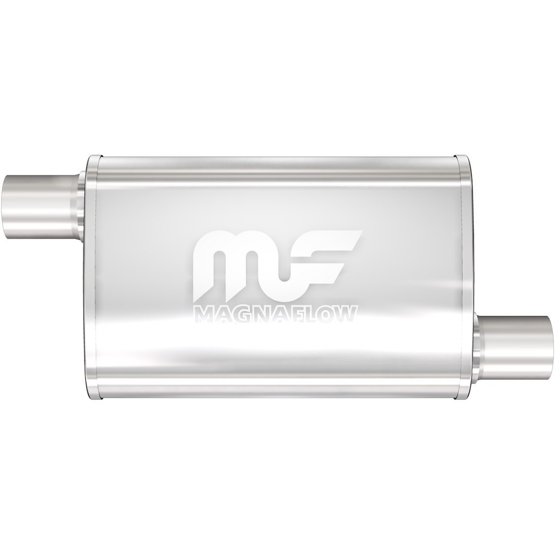 MagnaFlow Exhaust Muffler, 4 Inch X 9 Inch Oval Satin Stainless Steel Case, Single 2-1/2 Inch Offset Inlet, Single 2-1/2 Inch Offset Outlet – 11236