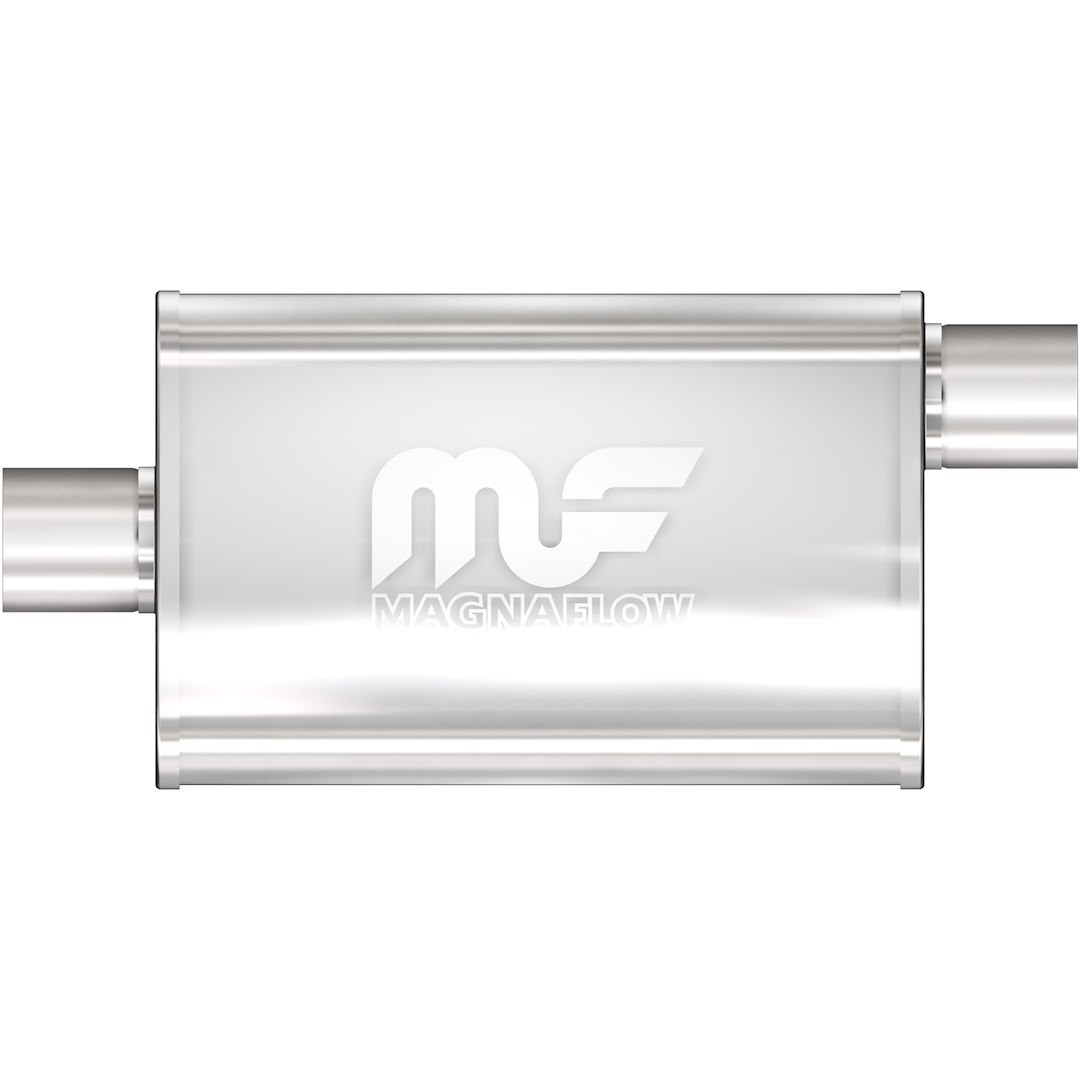 MagnaFlow Exhaust Muffler, 4 Inch X 9 Inch Oval Satin Stainless Steel Case, Single 2-1/4 Inch Offset Inlet, Single 2-1/4 Inch Center Outlet – 11365
