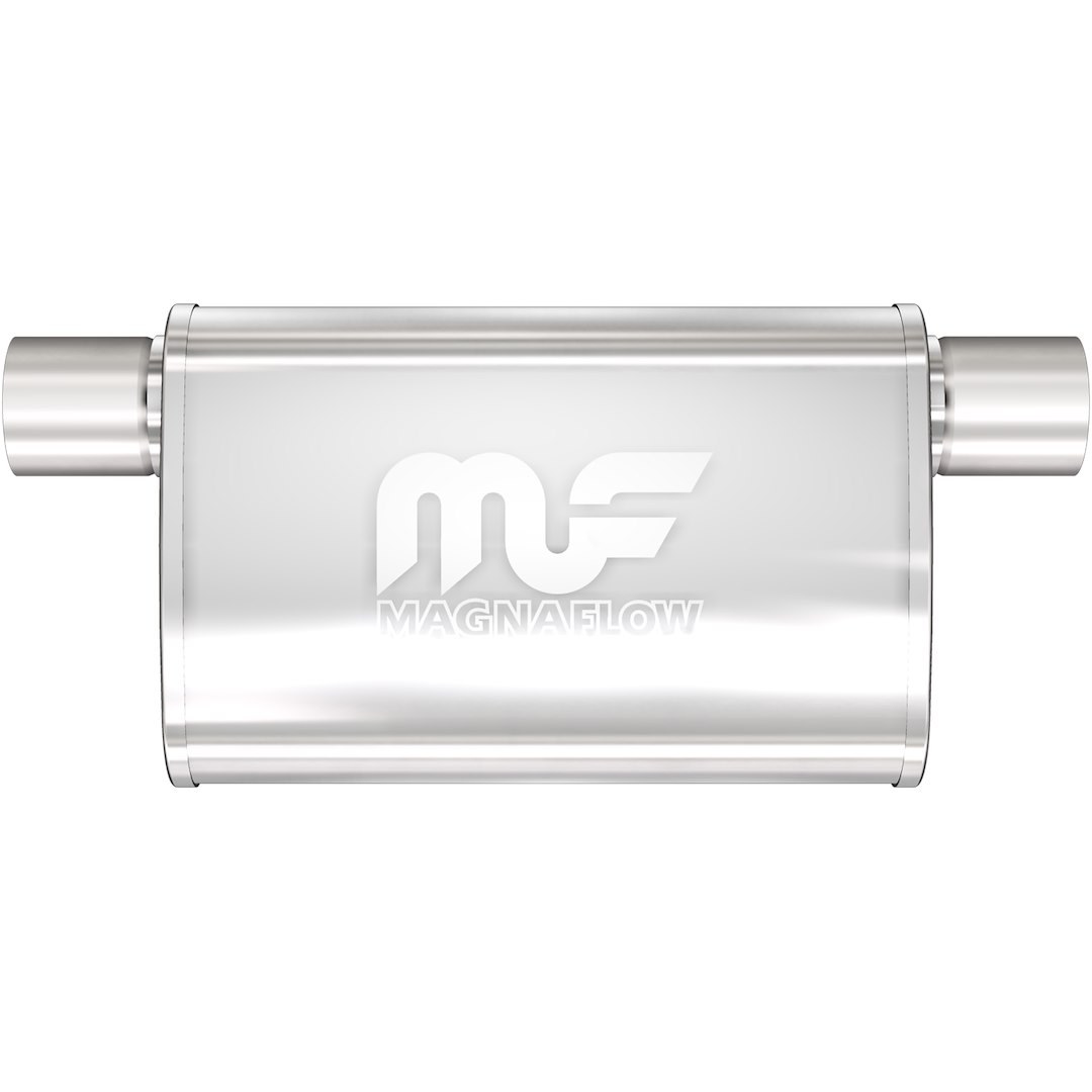 MagnaFlow Exhaust Muffler, 4 Inch X 9 Inch Oval Satin Stainless Steel Case, Single 2-1/2 Inch Same Side Offset Inlet – 11376