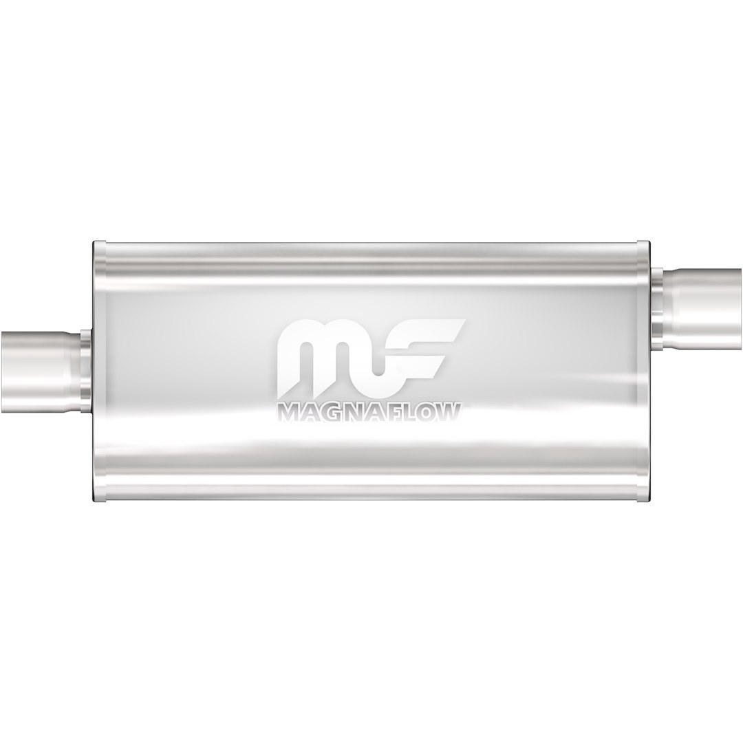 MagnaFlow Exhaust Muffler, 5 Inch X 8 Inch Oval Satin Stainless Steel Case, Single 3 Inch Center Inlet, Single 3 Inch Offset Outlet – 12259