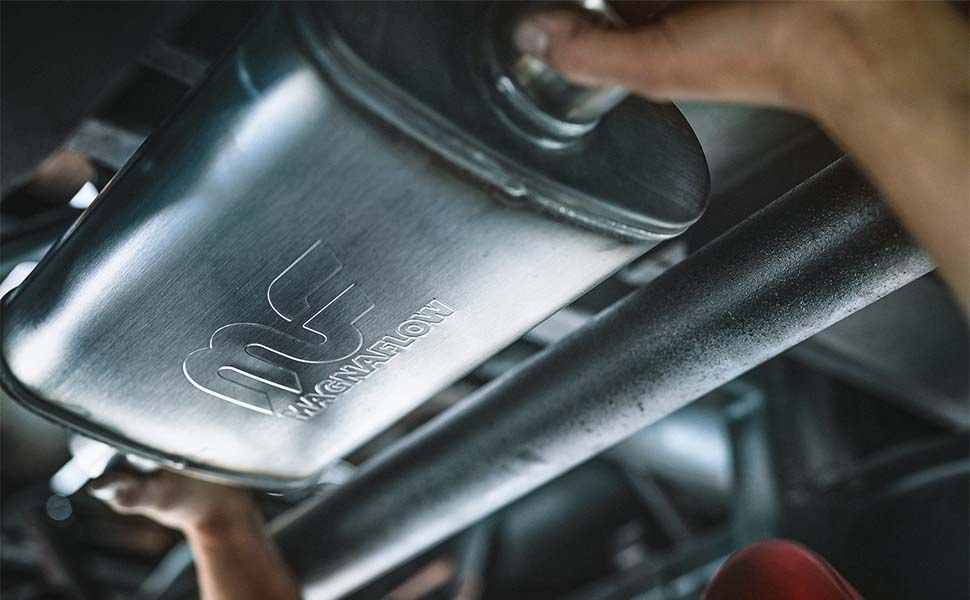 MagnaFlow Exhaust Muffler, 7 Inch Diameter Satin Stainless Steel Case, Single 4 Inch Center Inlet, Single 4 Inch Center Outlet – 12770
