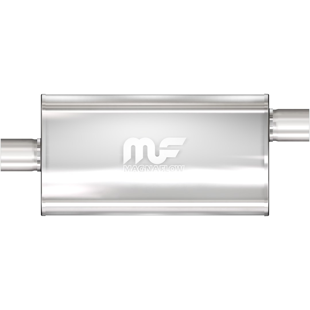 MagnaFlow Exhaust Muffler, 5 Inch X 11 Inch Oval Satin Stainless Steel Case, Single 3-1/2 Inch Center Inlet, Single 3-1/2 Inch Offset Outlet – 12909